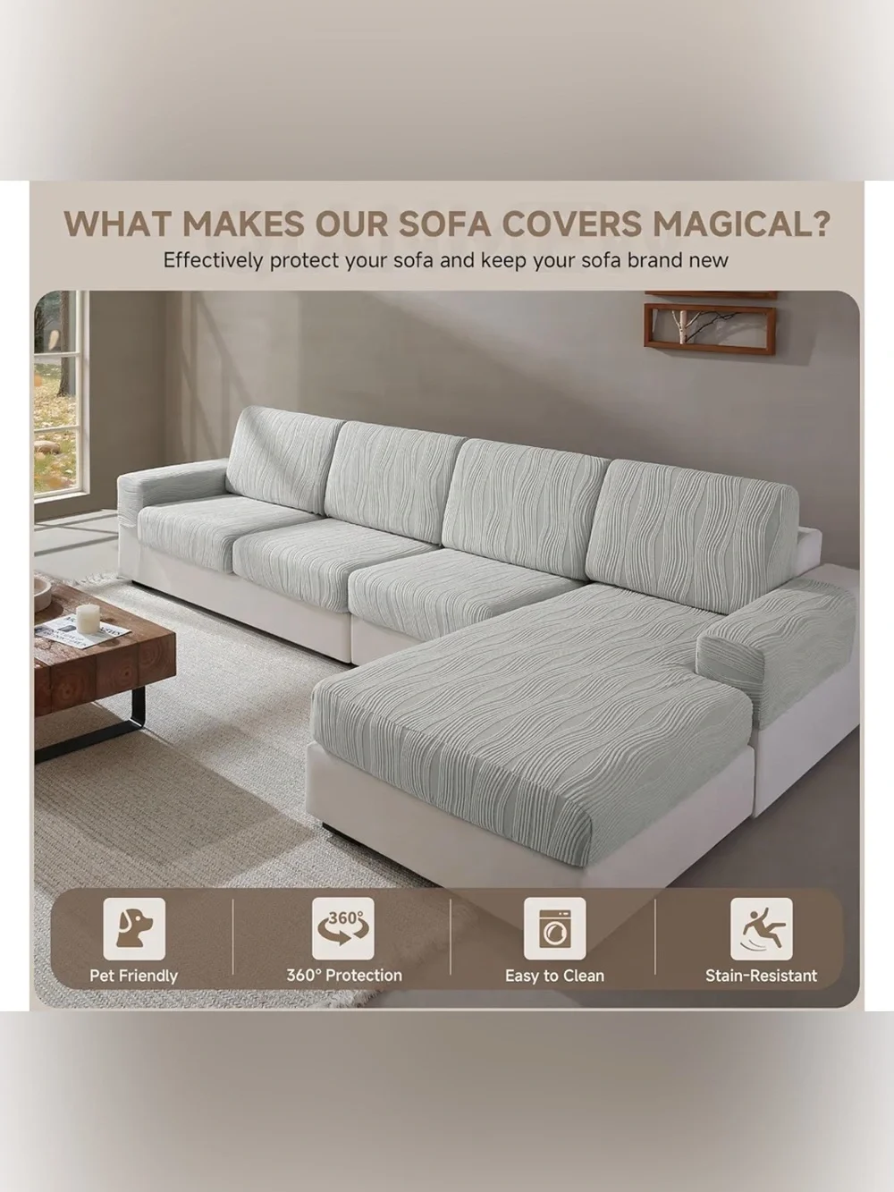 Soft Wavy Gray Sofa Slipcover, Elastic Slip Resistant for Sectional Chaise